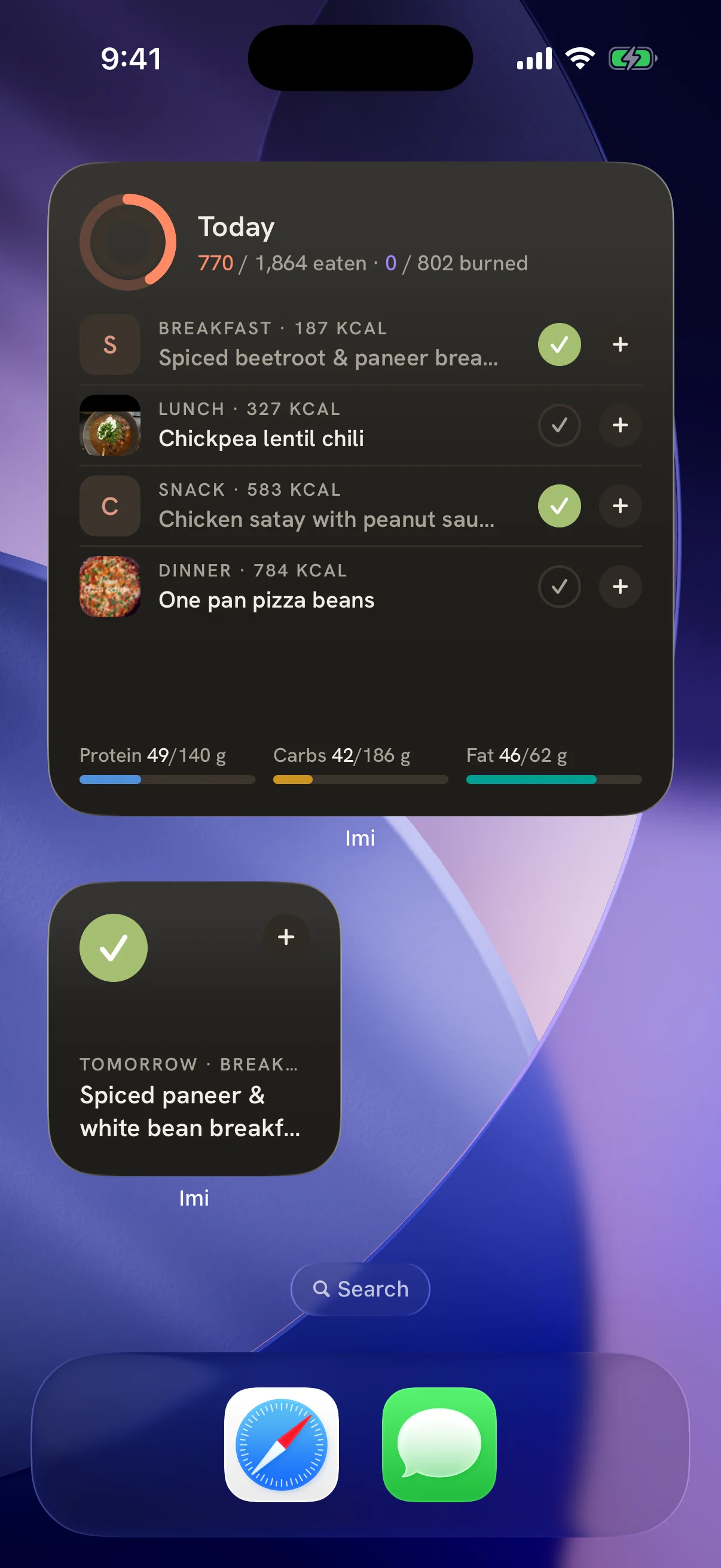 An iPhone Home Screen with Imi's Today widget: breakfast, lunch, snack and dinner, with the eaten ones ticked, and an Up next widget.